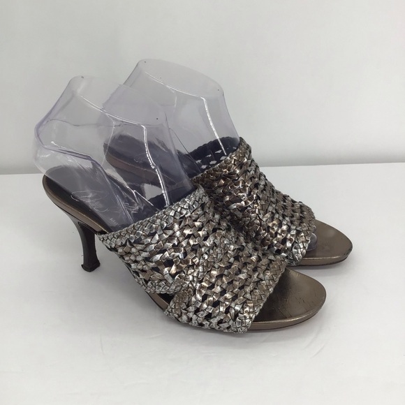 Donald Pliner Alita Leather Metallic Gunmetal Woven Slip-On Mule Heel Size 7.5 N - Picture 1 of 10